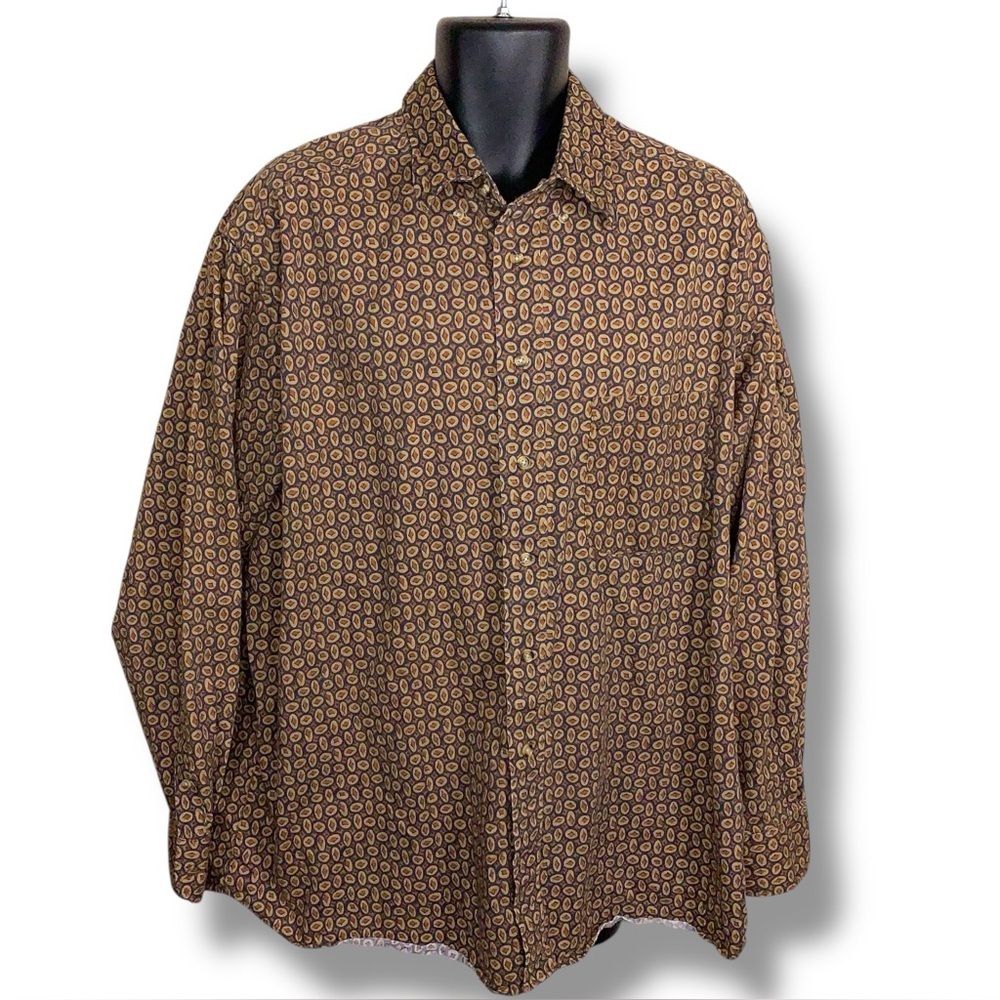 Vintage XXL Club Room Mens Shirt Long Sleeve Button Up Brown Beige Geometric